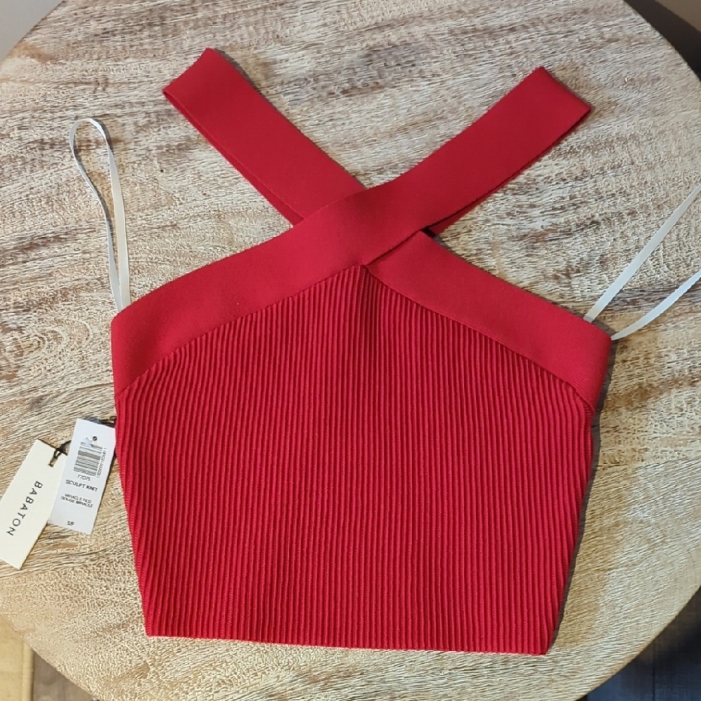 Babaton Red Ribbed Crop Tank Top